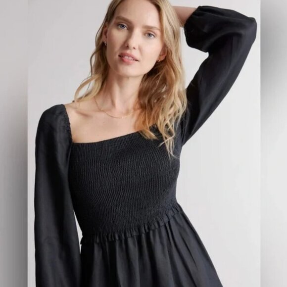 Quince 100% European Linen Smocked Mini Dress in Black - Picture 2 of 16